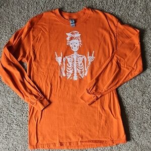 Gildan Orange Long Sleeve Tee with Skeleton Design